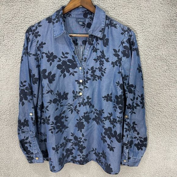 J. Jill Tops - j. jill denim top women small blue floral chambray popover long sleeve oversized